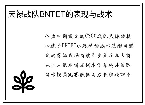 天禄战队BNTET的表现与战术