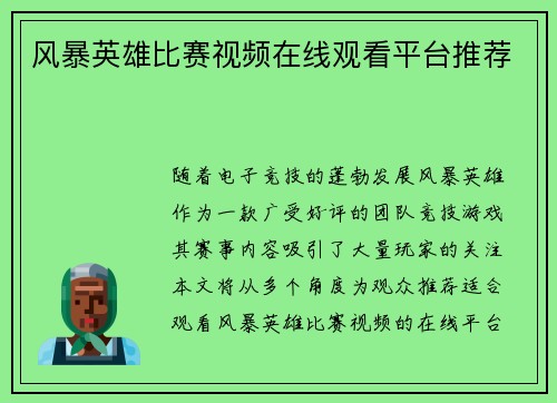 风暴英雄比赛视频在线观看平台推荐